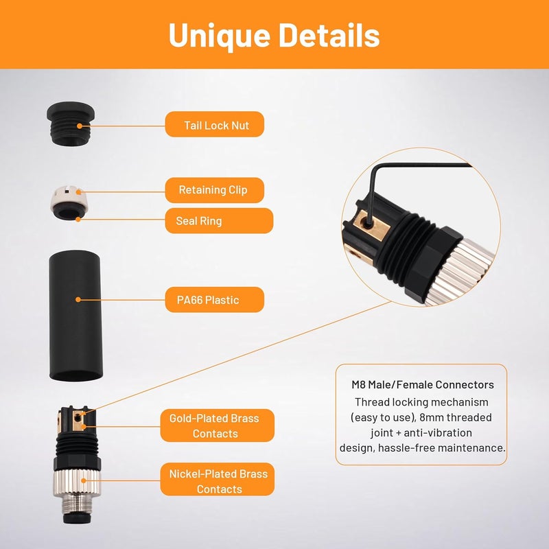 Elecbee 5PCS M8 4 Pin Connector Field Wireable A Coding Industrial Circular Connector Straight Male Assemble Aviation Plug Non-Shield Screw-Joint Connector, Outdoor Waterproof IP68 - Image 3